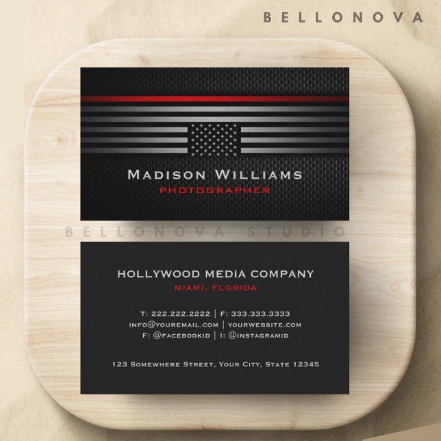 Cartão De Visita Cinza Negra Personalizada Vermelha EUA Sinalizador (Custom Black Grey Red The USA America Flag Premium Business Card)