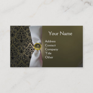 Cartão De Visita cinza preto de fita branca DAMASK MONOGRAM