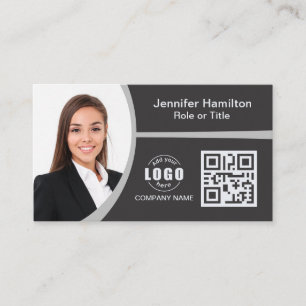 Cartão De Visita Cinza profissional adicione seu logotipo, QR Code 