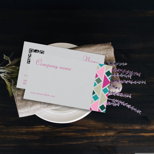 Cartão De Visita Cinza QR (Modern minimalist abstract geometric business card featuring a fuchsia and turquoise color scheme.)