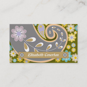 Cartão De Visita Cinza retro, motivo de paisley da verde azeitona