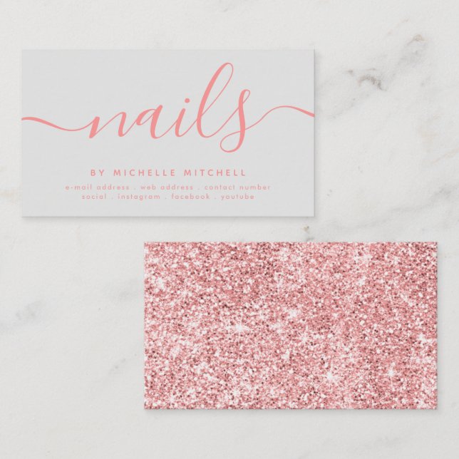 Cartão De Visita Cinza Técnica do Nail Glitter Dourado Faux Rosa  (Frente/Verso)