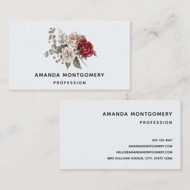 Cartão De Visita Cinza Vermelha e Buquê da Flor Cream Boho (Frente/Verso)