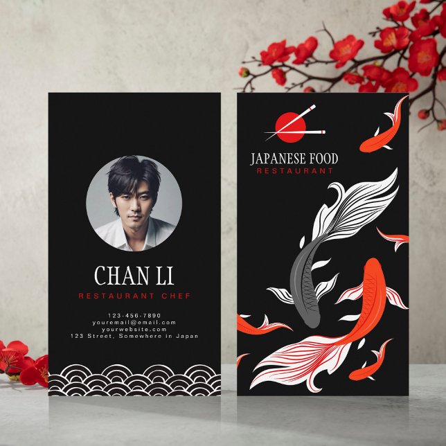 Cartão De Visita Cinza Vermelha Koi Arte Negra Japonesa (Criador carregado)