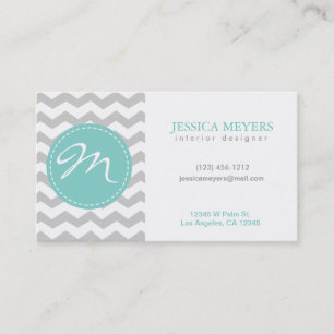 Cartão De Visita Cinzas & branco elegantes Chevron com monograma