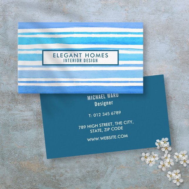 Cartão De Visita Cinzas de Aquarelas Azuis Modernas Chic (Chic Modern Blue Watercolor Stripes Business Card)