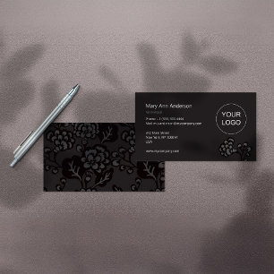 Cartão De Visita Cinzas e Padrão Floral Negro Vibrante e Negrito