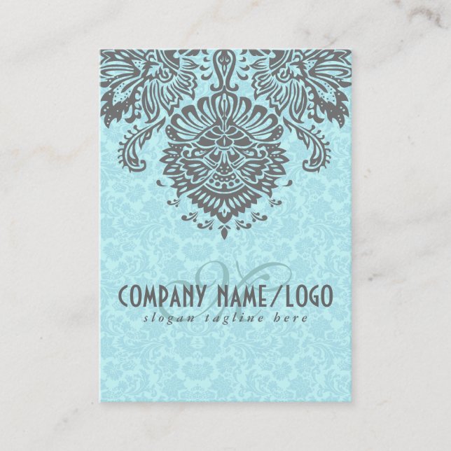 Cartão De Visita Cinzas Elegantes E Damascos Florais Azuis (Frente)