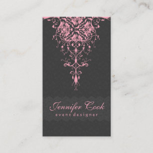 Cartão De Visita Cinzas Elegantes e Damascos Florais Vintage Rosa