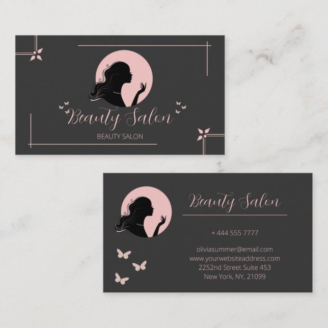 Cartão De Visita Cinzas Escuras e Salão de Beleza Rosa (Frente/Verso)