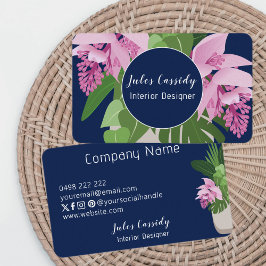 Cartão De Visita Círculo Azul Escuro de Flor Tropical Medinilla