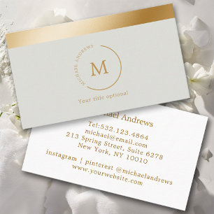 Cartão De Visita Círculo de Monograma de Faixa Dourada Verde-cinza