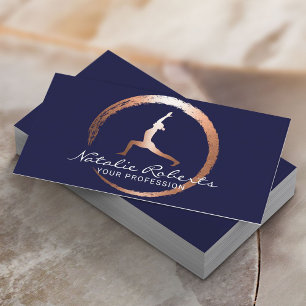 Cartão De Visita Círculo Dourado Yoga Warrior Pose Wellness Marinho
