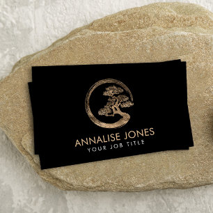 Cartão De Visita Círculo Enso Zen e Ouro de Árvore Bonsai a preto