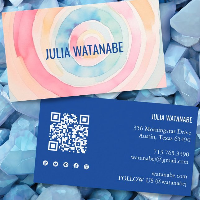 Cartão De Visita Círculos de Aquarela Código QR Mídia Social Modern (Pretty custom business card with watercolor rings. QR code and social icons on the back side)