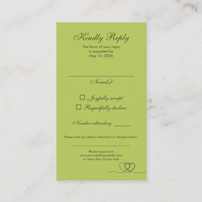 Cartão De Visita Citrus Green Elegant Calligraphy Wedding RSVP Card (Frente)