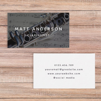 Cartão De Visita Clarinet Music Sheet Black and White Modern