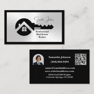 Cartão De Visita Classudo Código QR Preto e Prata Foto Imóveis 