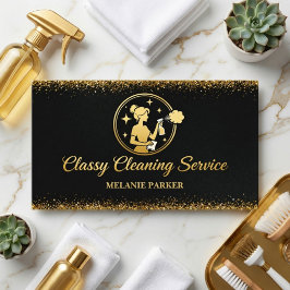 Cartão De Visita Classy Cleaning Services Logo Maid gold