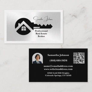 Cartão De Visita Classy Código QR Preto e Prata Foto Imóveis