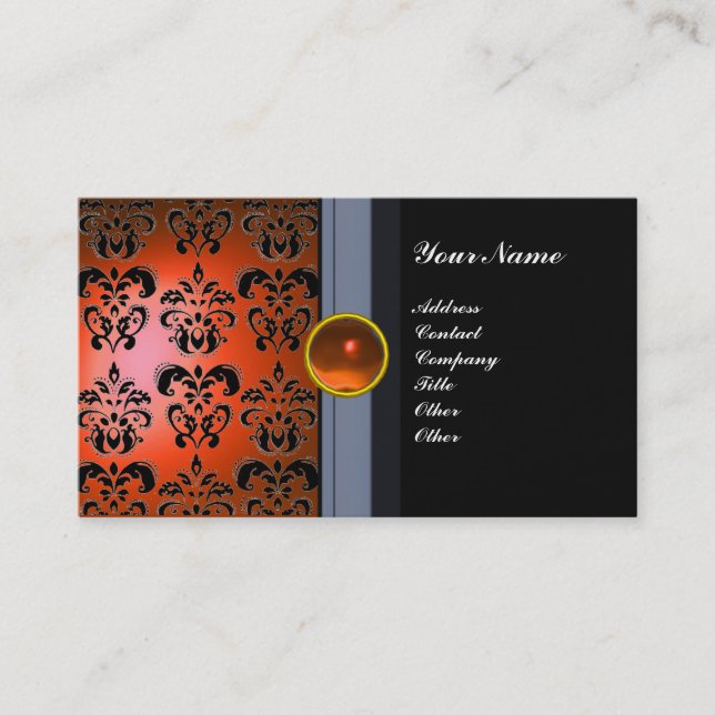 Cartão De Visita CLASSY DAMASK GEM MONOGRAM - laranja preto (Frente)
