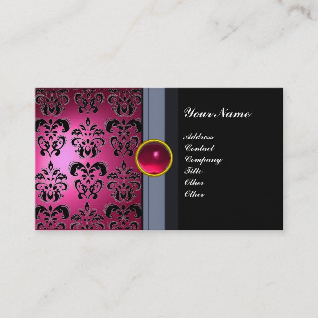 Cartão De Visita CLASSY DAMASK GEM MONOGRAM preto rosa (Frente)