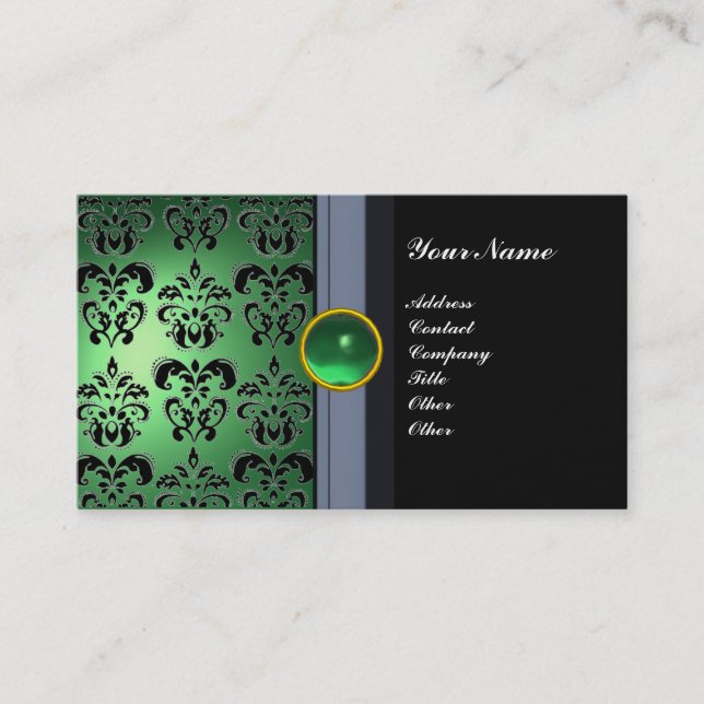 Cartão De Visita CLASSY DAMASK GEM MONOGRAM preto verde (Frente)