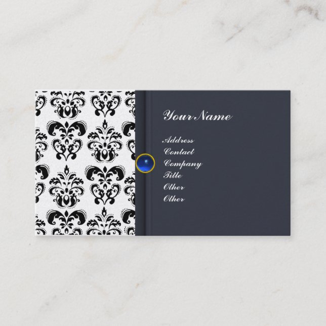 Cartão De Visita CLASSY DAMASK MONOGRAM Blue Sphire platinum (Frente)