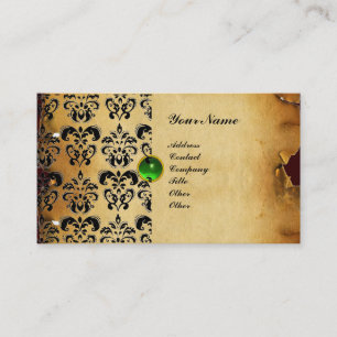 Cartão De Visita CLASSY DAMASK PARCHMENT MONOGRAM verde esmeralda