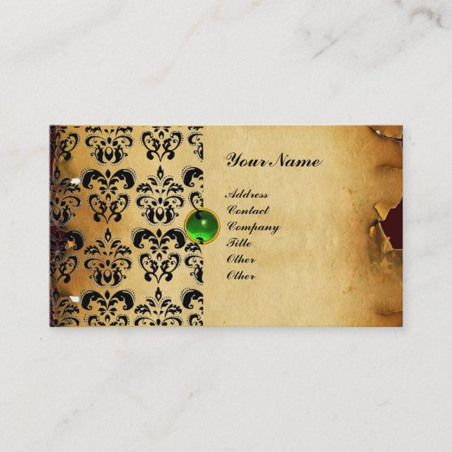 Cartão De Visita CLASSY DAMASK PARCHMENT MONOGRAM verde esmeralda (Frente)