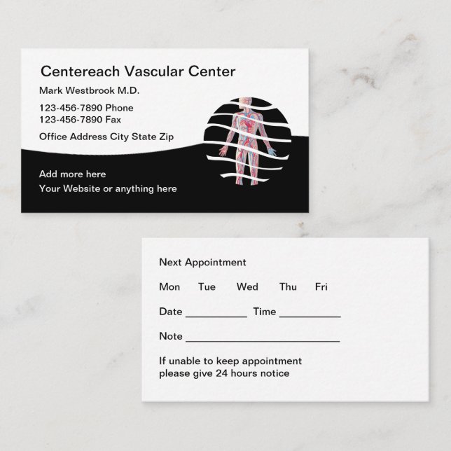 Cartão De Visita Classy Vascular Vein Care Appointment Cards (Frente/Verso)