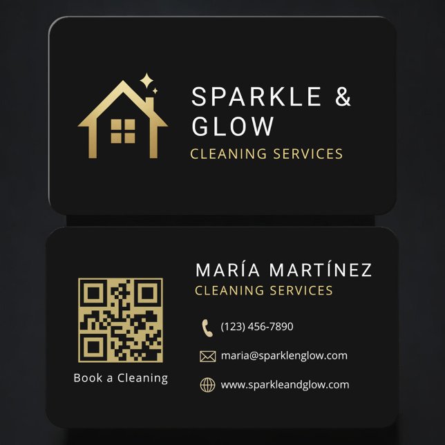 Cartão De Visita Cleaning Services Black Gold QR Code Professional (Criador carregado)