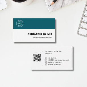 Cartão De Visita Clínica Pediátrica Logo Personalizado QR Verde Águ