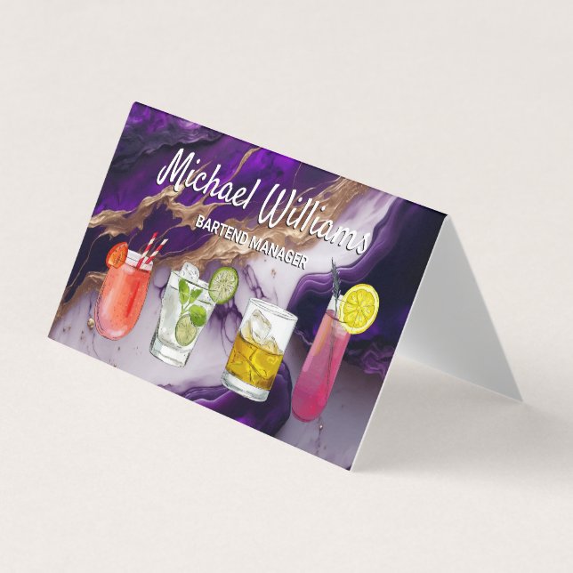 Cartão De Visita Cocktail Mix Bebidas | Mármore Dourado roxo (Frente)