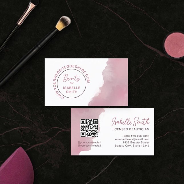 Cartão De Visita Cód. QR do Círculo Elegante de Aquarela Rosa-Rosa- (Criador carregado)
