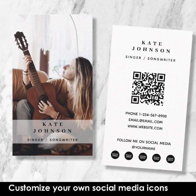 Cartão De Visita Cód. QR personalizada de mídia social musical cant (Singer Musician Photo Custom Social Media QR Code Business Card)
