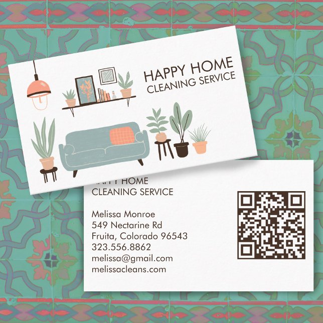 Cartão De Visita Cód. QR personalizado para limpeza de casas (House Cleaning Cute Livingroom Art Custom QR Code Business Card
)