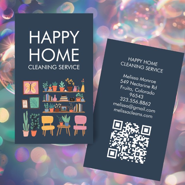 Cartão De Visita Cód. QR personalizado para limpeza de casas (House Cleaning Cute Livingroom Art Custom QR Code Business Card
)