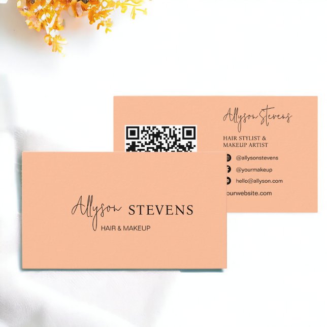 Cartão De Visita Codificação do cabelo de pêssego chic script qr (Logo script chic peach hair makeup qr code business card)