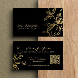 Cartão De Visita Codificação QR ouro preto elegante botânico