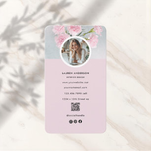 Cartão De Visita Código de Foto Floral e QR Rosa Moderno