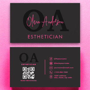 Cartão De Visita Código de QR esteticista Mídia Social Negra-Rosa Q