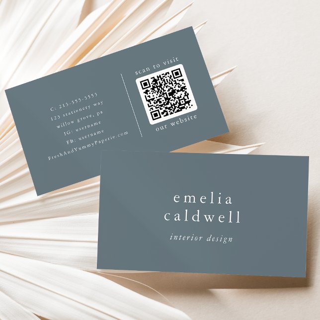Cartão De Visita Código de QR Mínimo de Boho Mineral Azul EMELIA Du (EMELIA Dusty Blue Minimalist Boho Minimal QR Code Business Card)