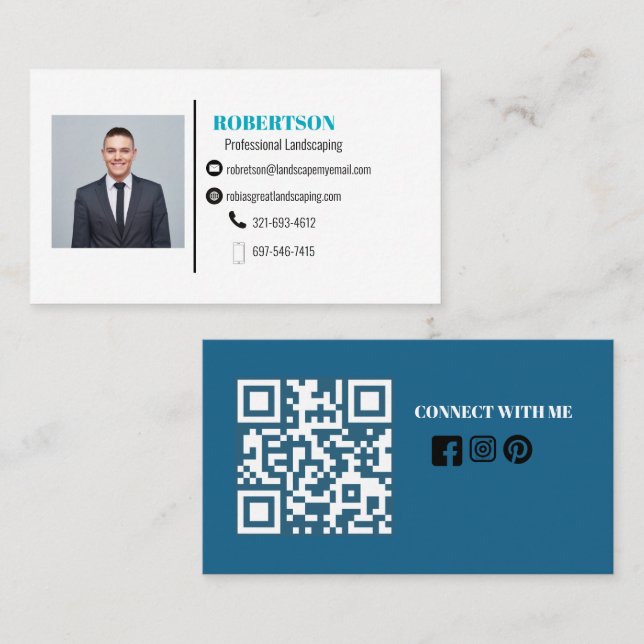 Cartão De Visita Código de QR Mínimo Moderno e Simples Azul de Mídi (Frente/Verso)