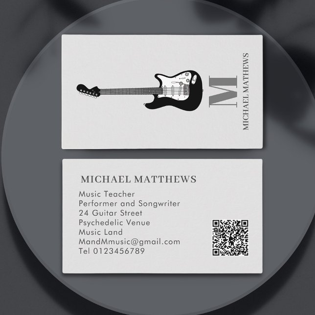 Cartão De Visita Código Q R personalizado para músico compositor de (Professional Music teacher performer songwriter black and white guitar gray qr code business card)