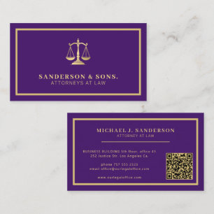 Cartão De Visita código QR advogado profissional dourado roxo