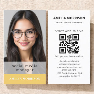 Cartão De Visita Código QR Amarelo Foto Minimalista Profissional