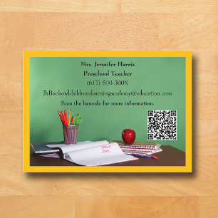 Cartão De Visita Código QR Amarelo Professor Escola Primária Pré-Es