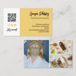 Cartão De Visita Código QR Amarelo Suave Colagem de 3 Fotos