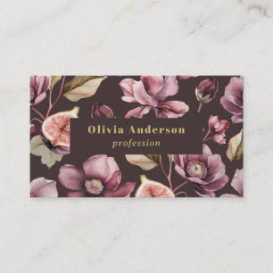 Cartão De Visita código QR ameixa escuro floral feminino chique